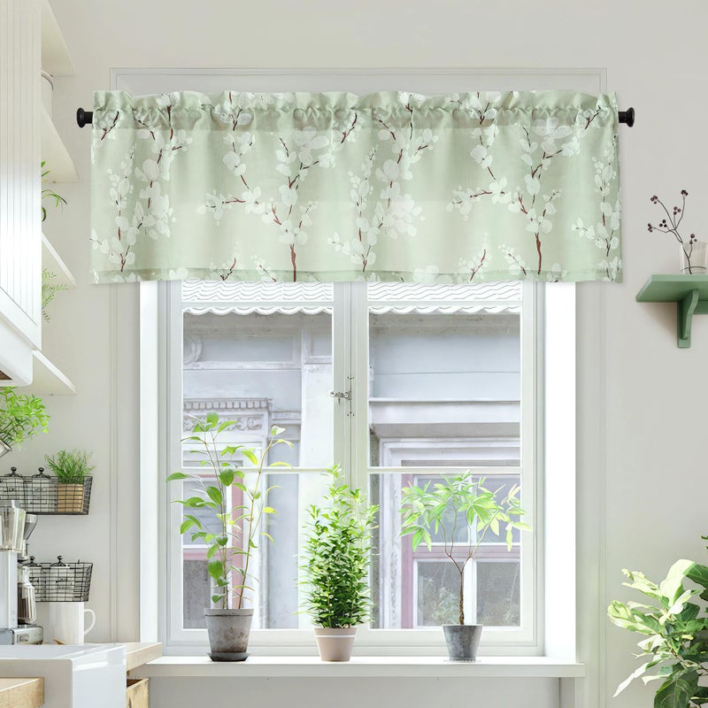 FMFUNCTEX Green Window Valance Curtains for Living Room White Floral Print on Canvas Kitchen Valance for Bathroom Basement Window Top Botanical Blossom 54â€ W x 15" L 1 Panel - Image 4